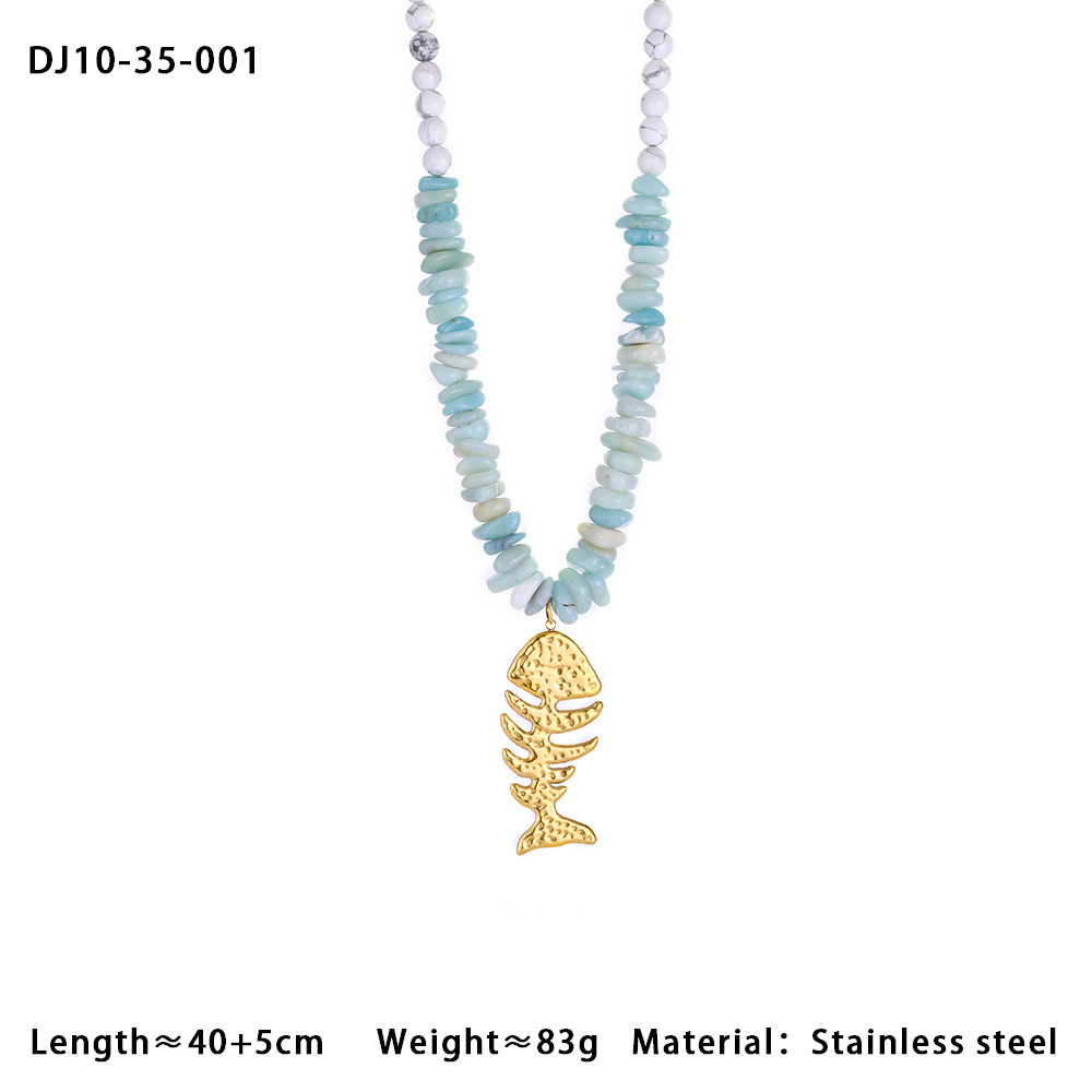 Colliers À Pendentif En Arête De Poisson Et Perles Turquoises Blanches Pour Femme Image2