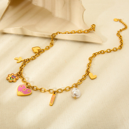 Collier pour femme avec pendentif cœur rose en acier inoxydable étanche à faire soi-même 2