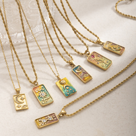 Collier pendentif rétro tarot en acier inoxydable étanche couleur or (1 pièce)
