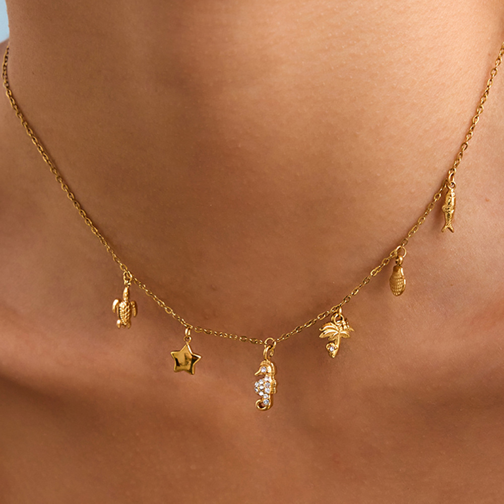 Collier Pendentif Femme En Acier Inoxydable Doré, Motif Coquillage, 1 Pièce Image5