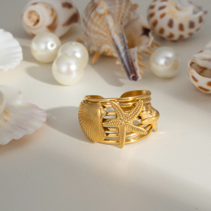 Bague Statement En Acier Inoxydable Doré, 1 Pièce, Motif Étoile De Mer h5 Image3