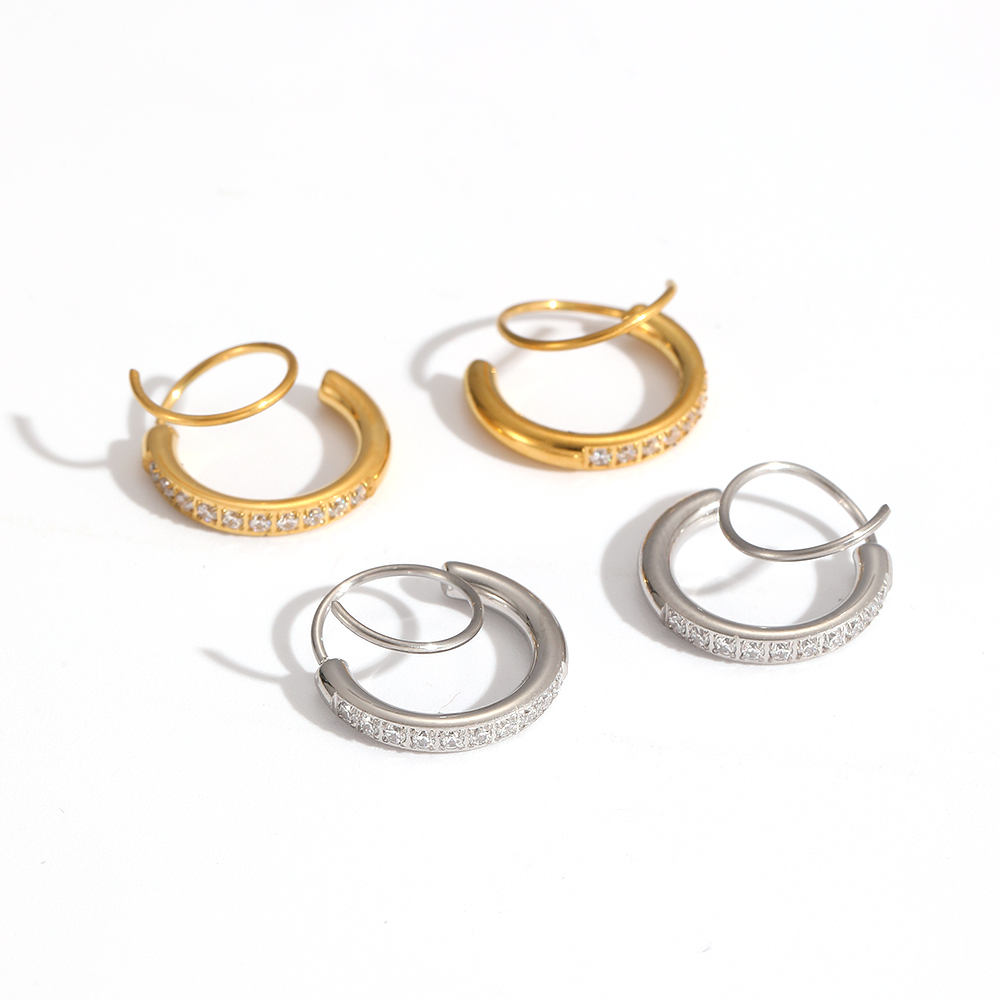 1 Paire De Boucles D'Oreilles Créoles En Acier Inoxydable Étanche, Couleur Or, Avec Zircon. Image3