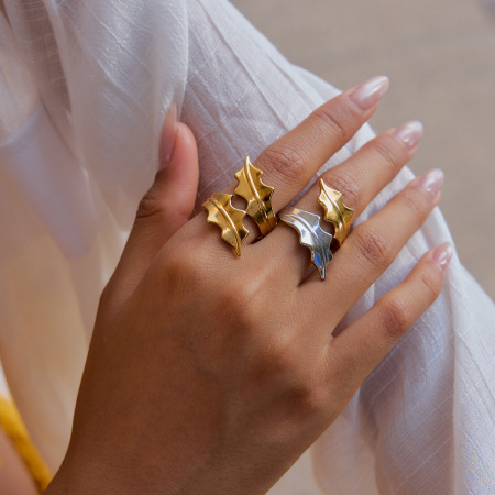 Bague tendance en acier inoxydable doré, couleur feuille naturelle, 1 pièce, collection Designable.