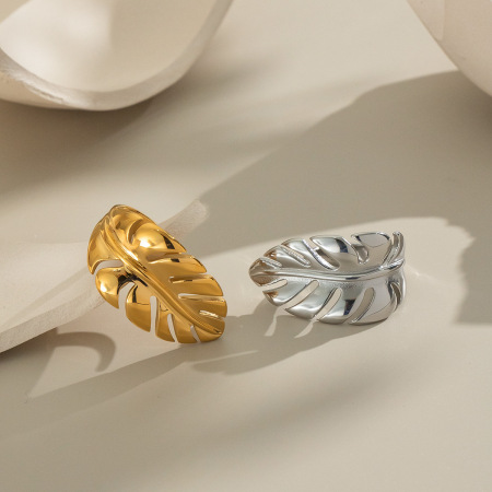Bague statement en acier inoxydable doré, forme feuille, étanche (1 pièce)