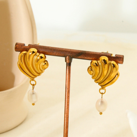 Boucles d'oreilles pendantes pour femme, style rétro tortue, en acier inoxydable, étanches, couleur or, avec perles artificielles. 2