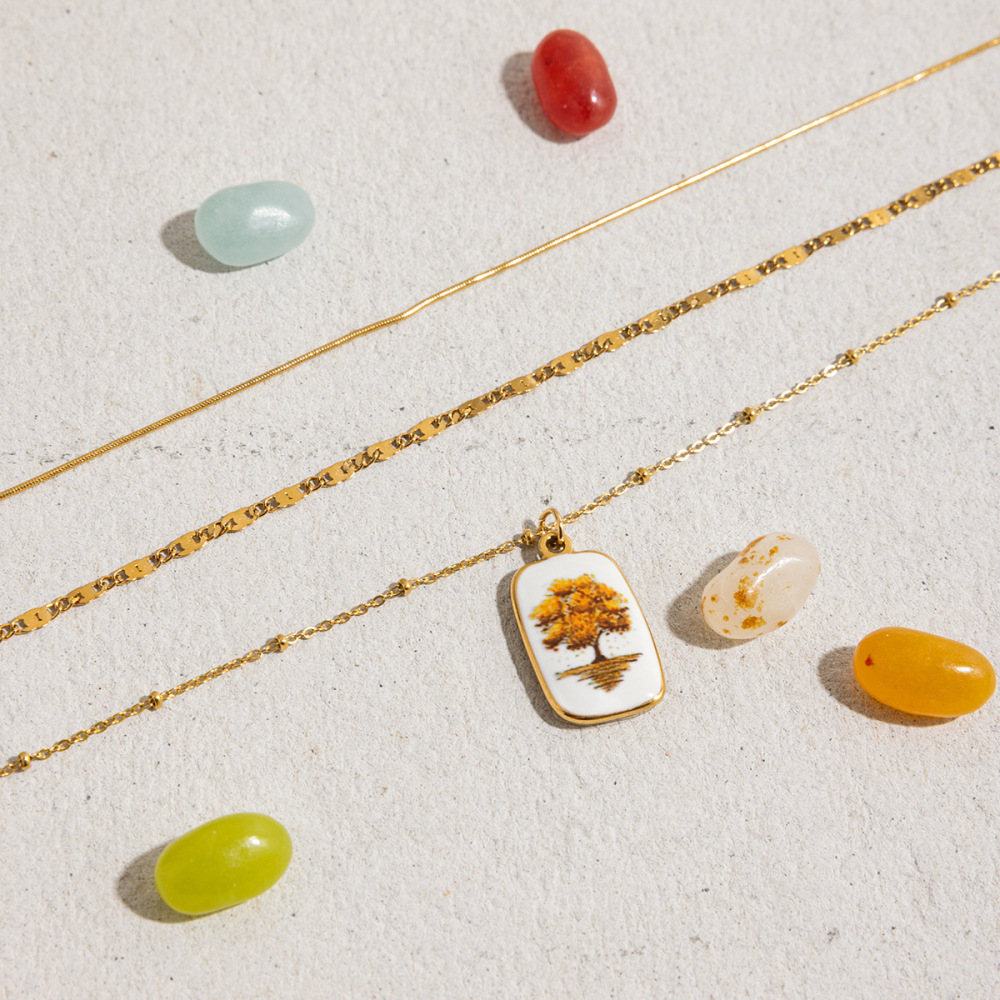 Collier Pendentif Rétro Arbre Pour Femme, En Acier Inoxydable Étanche, Couleur Or (1 Pièce) Image7