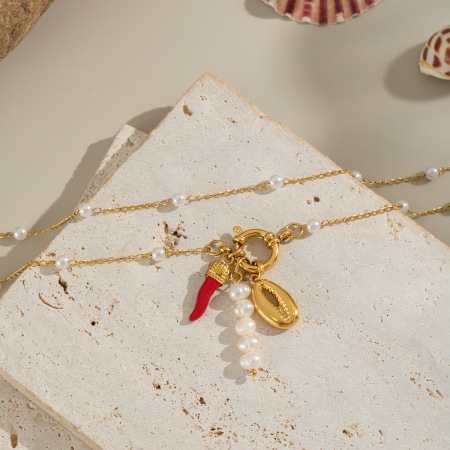 Collier pendentif Chili Charm en acier inoxydable étanche couleur or (1 pièce) 2