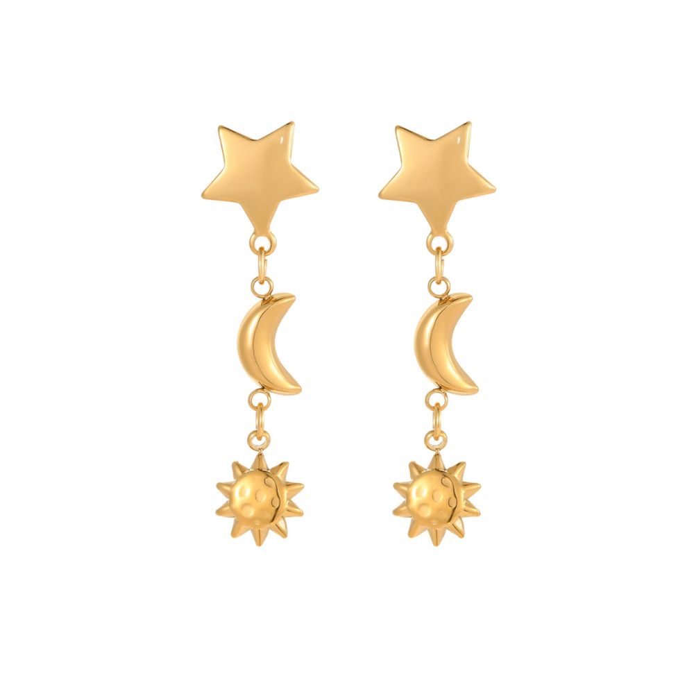 Boucles D'Oreilles Pendantes Pour Femmes, Motif Soleil Et Lune, En Acier Inoxydable Étanche, Couleur Or h5Image5