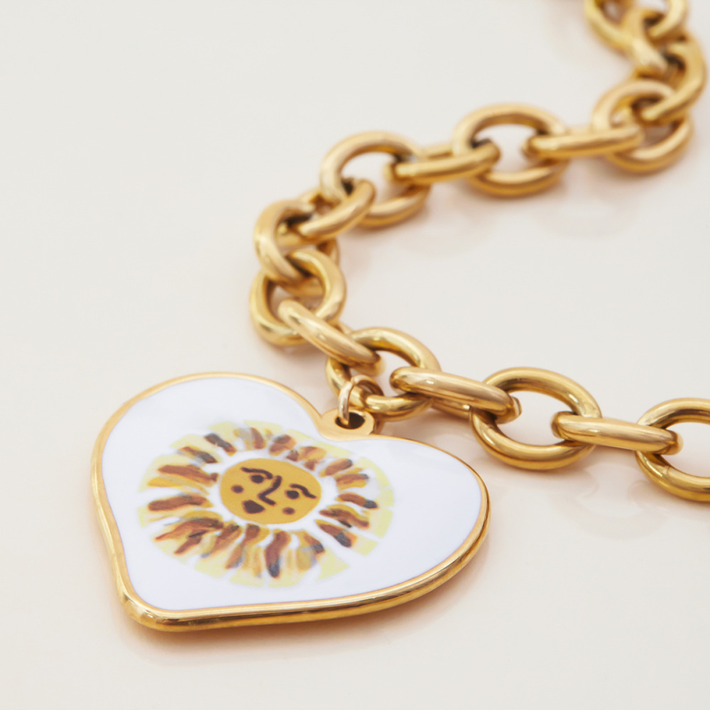 Collier Pendentif Femme En Acier Inoxydable Doré, Couleur Or, Motif Soleil Peint (1 Pièce) - Collection Classique Image6