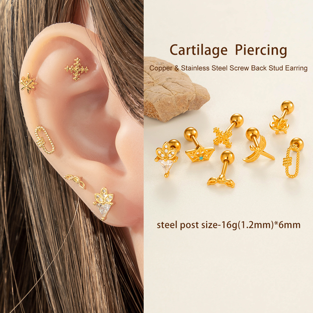 Boucles D'Oreilles Piercing Pour Femme, 1 Pièce, Croix Brillante, Cuivre, Couleur Or, Zircon h5Image5