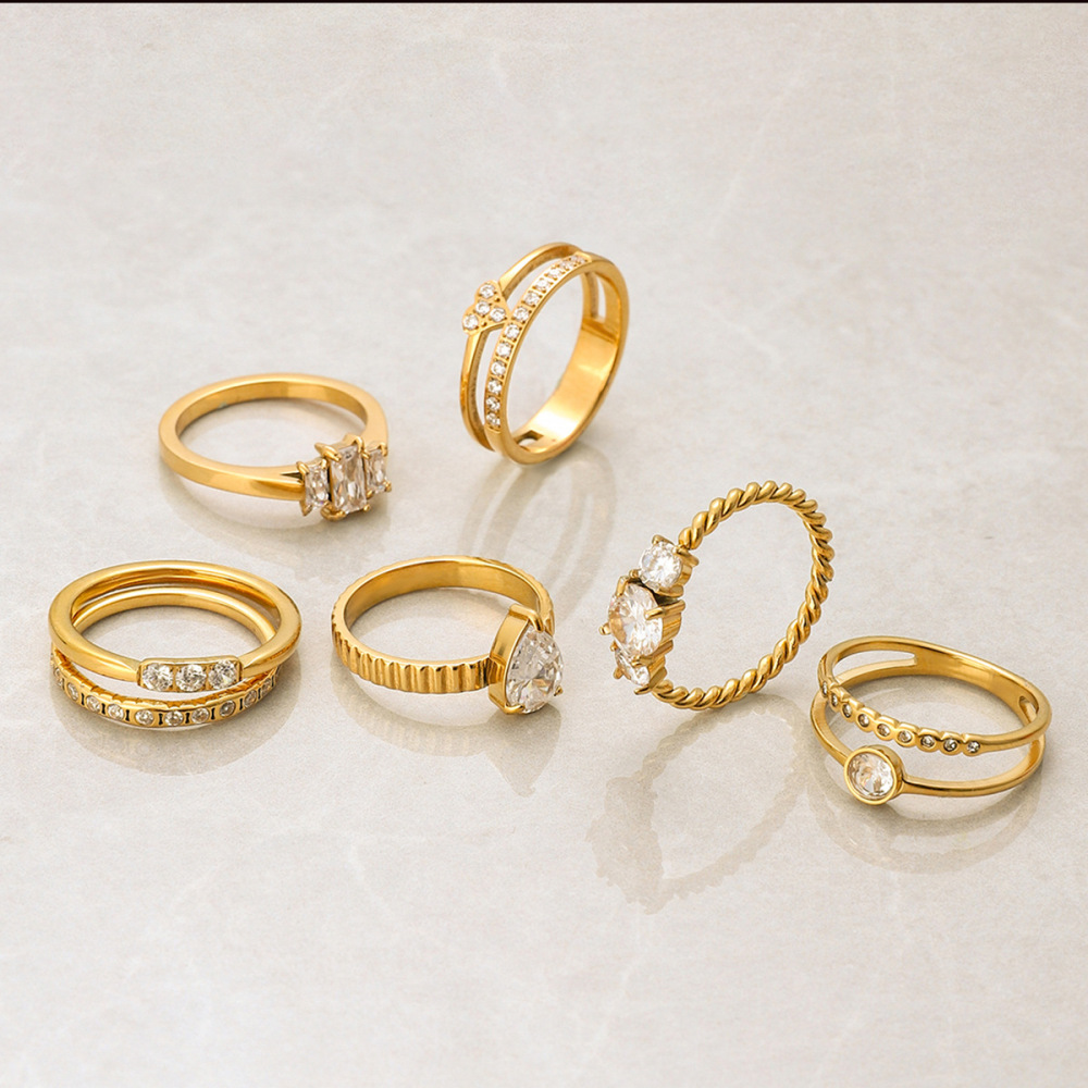 Bague Pour Femme En Acier Inoxydable Étanche Couleur Or, Ornée D'Une Pierre Précieuse Et D'Une Goutte D'Eau (1 Pièce). h5Image7