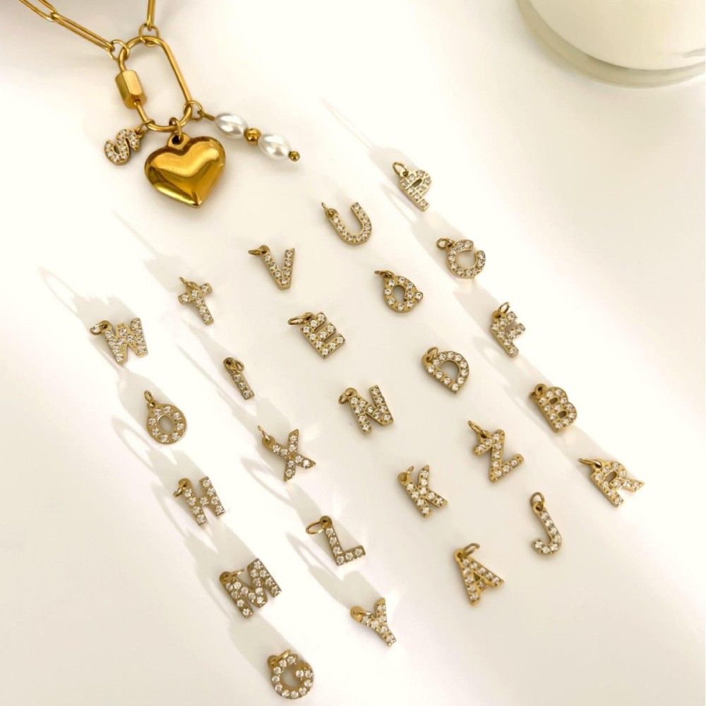 Collier Pendentif Lettre En Acier Inoxydable Étanche Couleur Or Avec Strass Image3