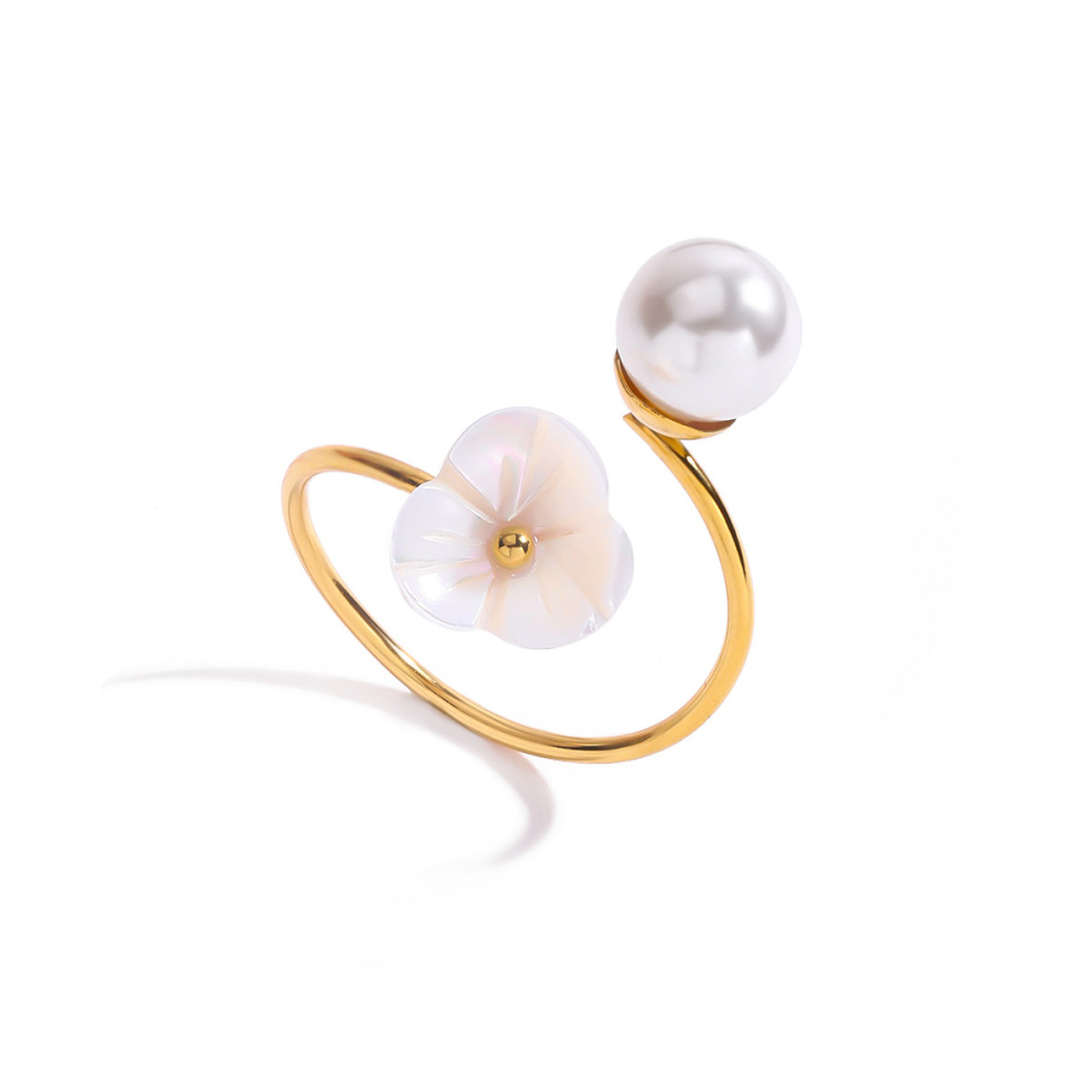 Bague Pour Femme En Acier Inoxydable Doré, Ornée D'Une Fleur En Coquillage Lustrée Et De Pierres Précieuses (1 Pièce).