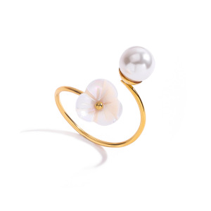 Bague Pour Femme En Acier Inoxydable Doré, Ornée D'Une Fleur En Coquillage Lustrée Et De Pierres Précieuses (1 Pièce). h5