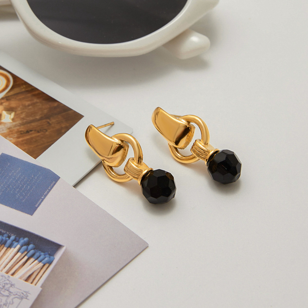 1 Paire De Boucles D'Oreilles Pendantes Pour Femme, Style Géométrique Rétro Classique, En Acier Inoxydable Étanche Couleur Or Avec Pierre Naturelle h5Image4