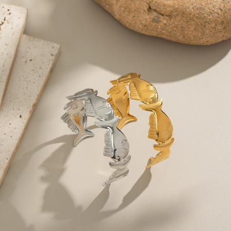 Bracelet manchette en acier inoxydable doré, étanche, motif poisson (1 pièce) 2