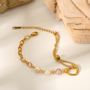 1 Paire De Bracelets À Maillons Pour Femme, Motif Cœur, En Acier Inoxydable, Couleur Or, Étanches, Avec Pierre Naturelle. h5 Image7