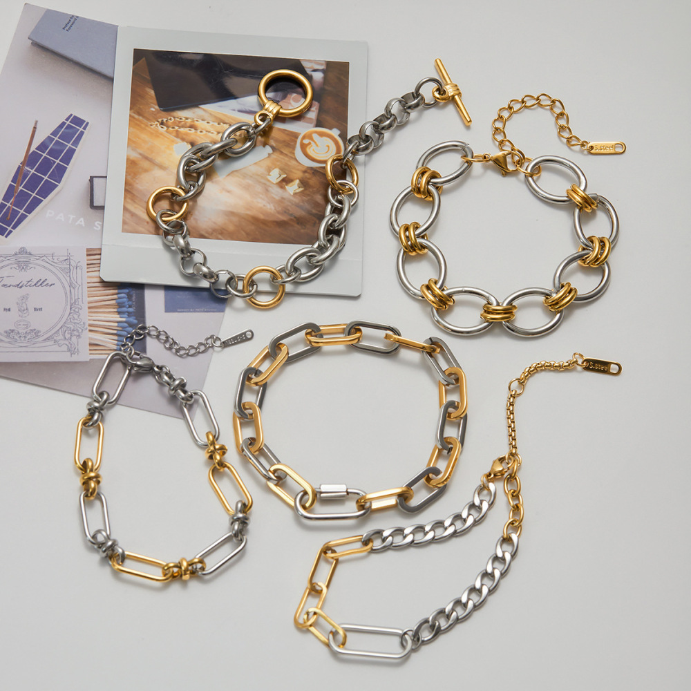 Bracelet Chaîne Femme Simple Patchwork En Acier Inoxydable Étanche Couleur Or (1 Pièce) Image5