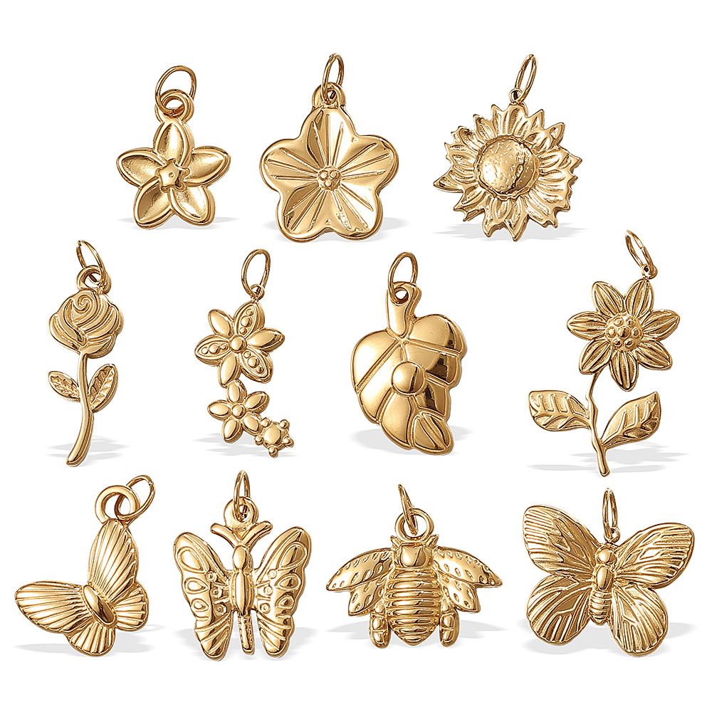 Pendentif En Acier Inoxydable Doré Étanche, Motif Fleur (1 Pièce) h5Image4