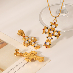 Colliers Pendentifs Pour Femmes Daily Cross En Acier Inoxydable Étanche Couleur Or Avec Zircon h5 Image4