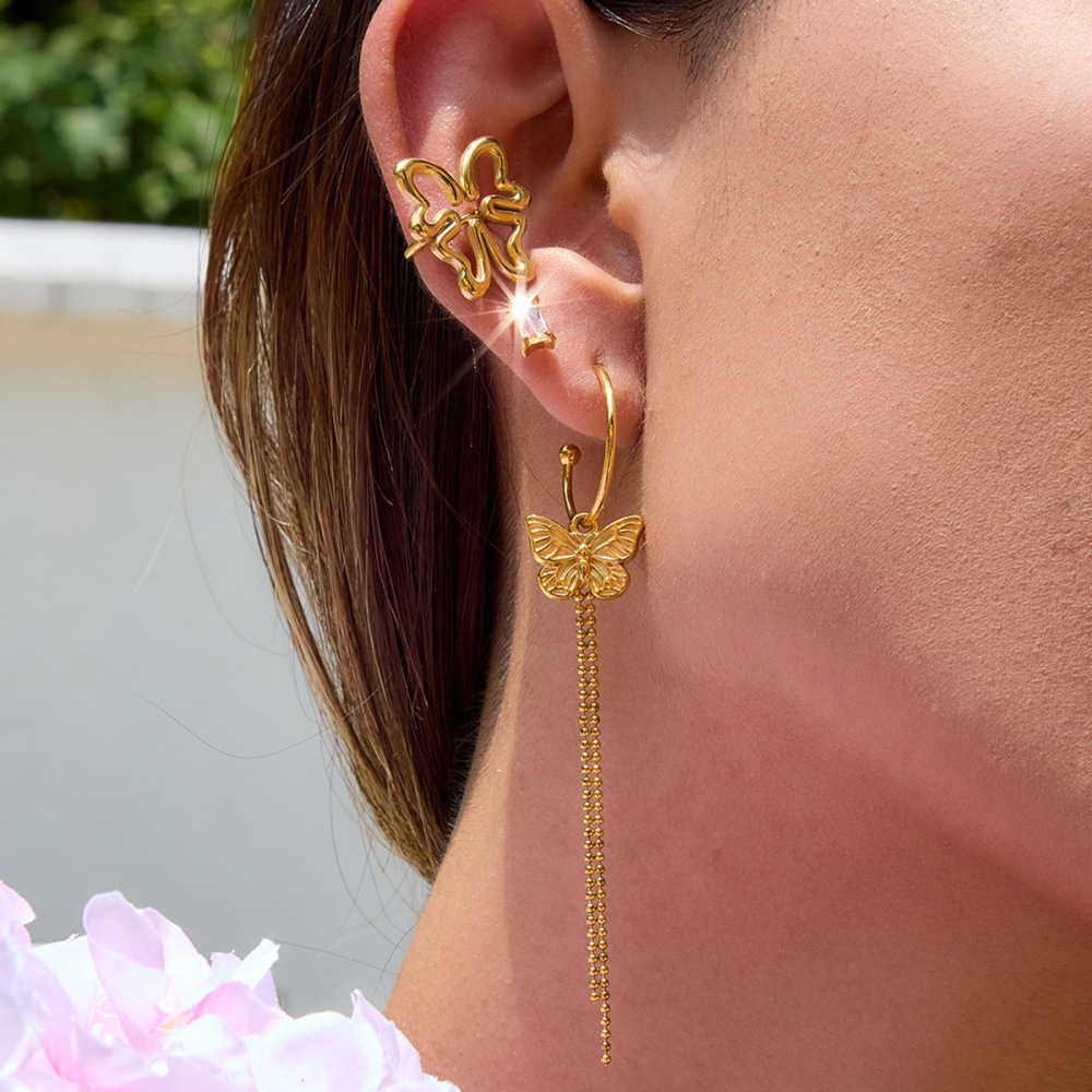 Boucles D'Oreilles Pendantes Pour Femme, Collection Romantique, Avec Pompons Papillon, En Acier Inoxydable Étanche, Couleur Or. Image3