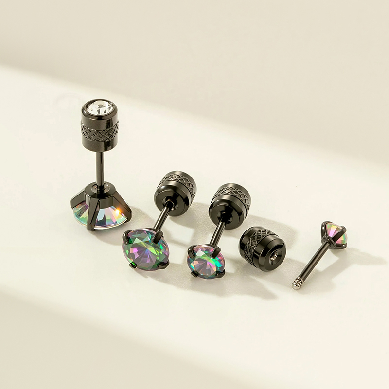 Boucles D'Oreilles Piercing Femme Annulaires Noires En Acier Inoxydable, Étanches, Avec Zircon (1 Pièce) h5Image4