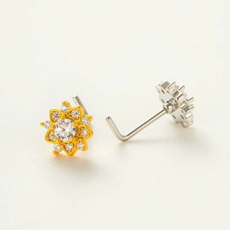 1 pièce de clou de nez luxueux en forme de fleur, couleur cuivre et or, serti de zircons pour femme 2