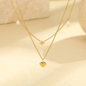 Colliers Superposés Pour Femmes, Collection Simple Series Daily Heart, En Acier Inoxydable Étanche, Couleur Or h5 Image2
