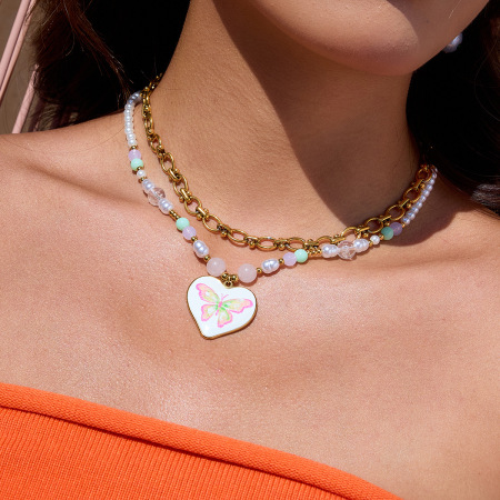 Collier pendentif femme en acier inoxydable doré, orné d'un papillon naturel (1 pièce)