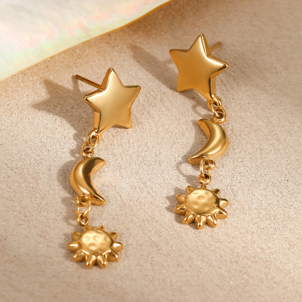 Boucles D'Oreilles Pendantes Pour Femmes, Motif Soleil Et Lune, En Acier Inoxydable Étanche, Couleur Or h5Image2