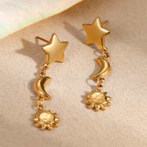 Boucles D'Oreilles Pendantes Pour Femmes, Motif Soleil Et Lune, En Acier Inoxydable Étanche, Couleur Or h5 Image2