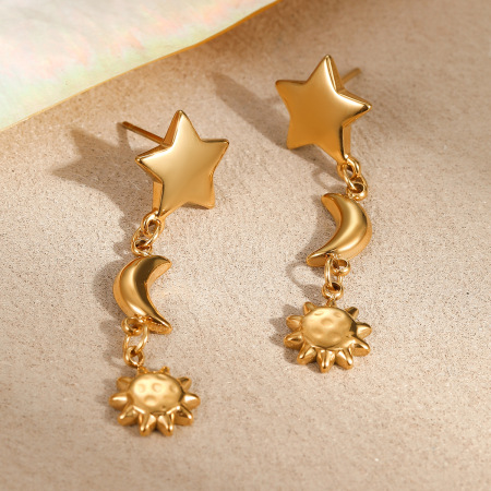 Boucles d'oreilles pendantes pour femmes, motif soleil et lune, en acier inoxydable étanche, couleur or 2