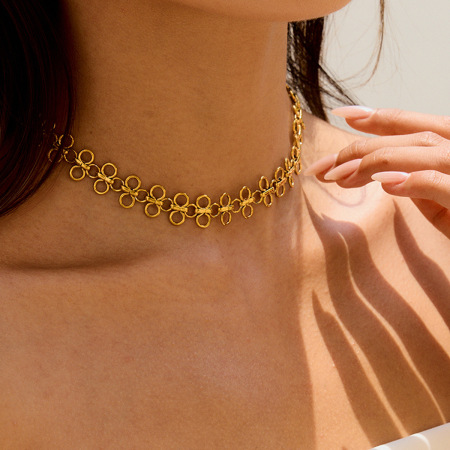 1 paire de colliers à chaîne en acier inoxydable doré pour femme, , motif trèfle 2