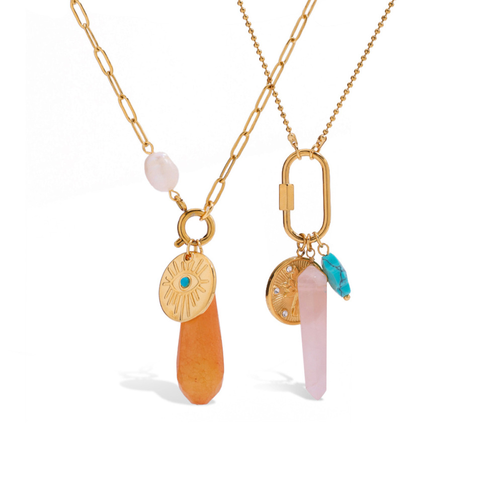 Collier Pendentif Femme En Acier Inoxydable, Pierre Naturelle Irrégulière, Couleur Or, Étanche Image9