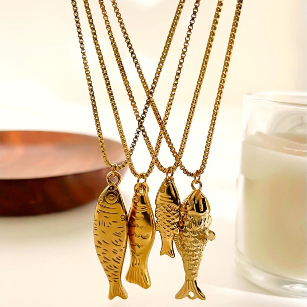 Collier Pendentif En Acier Inoxydable Doré, 1 Pièce, En Forme De Poisson Image5