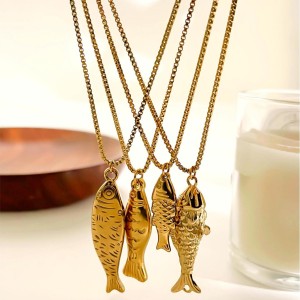 Collier Pendentif En Acier Inoxydable Doré, 1 Pièce, En Forme De Poisson h5 Image5