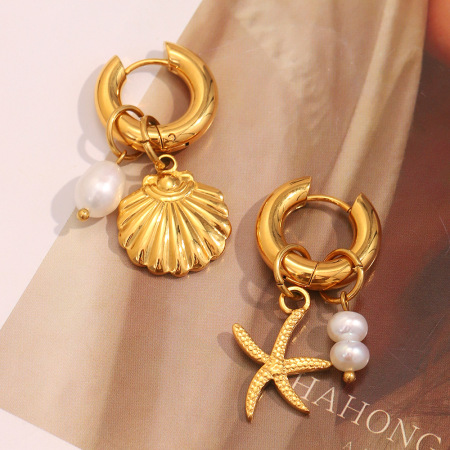 1 paire de boucles d'oreilles pendantes dorées en forme de coquillage océanique pour femme 2