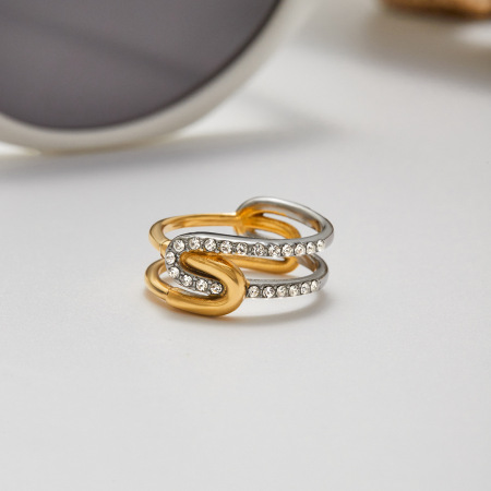 Bague pour femme en acier inoxydable doré, style géométrique classique, étanche, ornée de pierres précieuses (1 pièce), collection de luxe. 2