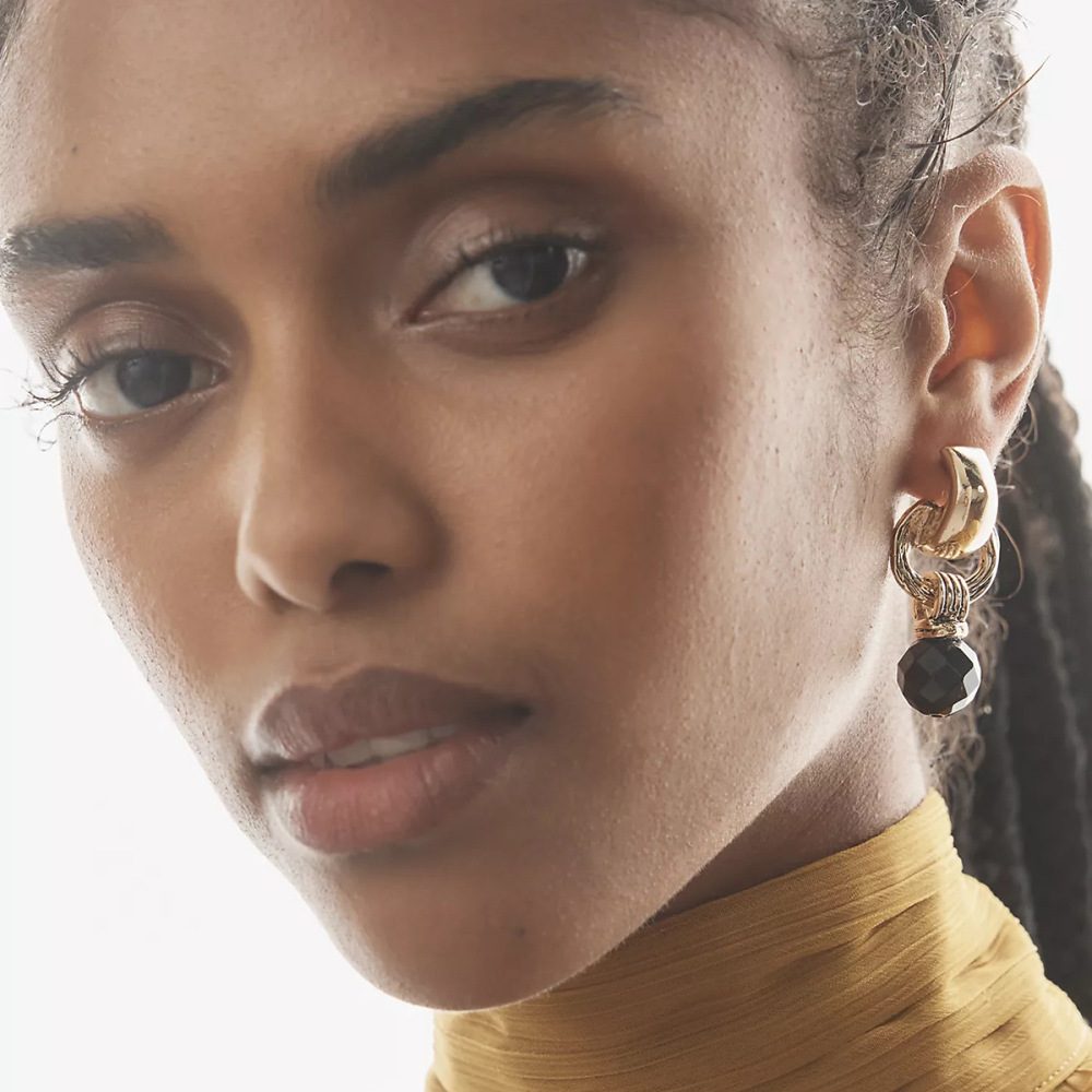 1 Paire De Boucles D'Oreilles Pendantes Pour Femme, Style Géométrique Rétro Classique, En Acier Inoxydable Étanche Couleur Or Avec Pierre Naturelle h5Image5
