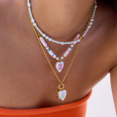 Collier pendentif femme en acier inoxydable doré, motif cœur peint (1 pièce) 2