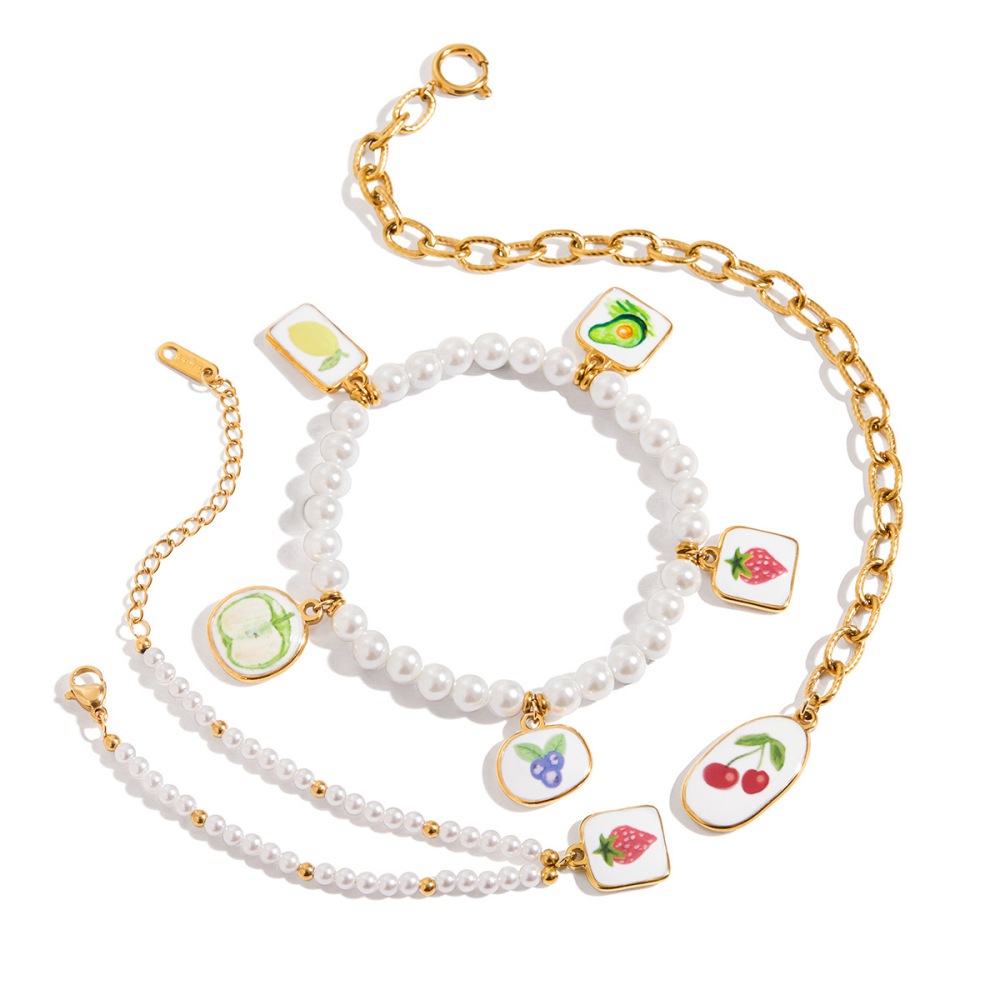 Bracelet À Breloques Romantique Pour Femme, En Acier Inoxydable Doré, Motif Cerise (1 Pièce). Image8