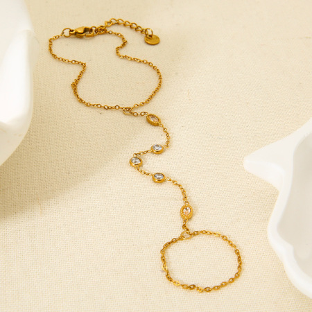 Bracelet en acier inoxydable étanche, couleur or, avec zircon, à relier au doigt (1 pièce).