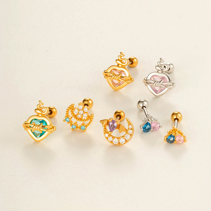 Boucles D'Oreilles Piercing Pour Femme En Forme De Cœur Polychrome, Couleur Cuivre Et Or, Zircone Image4