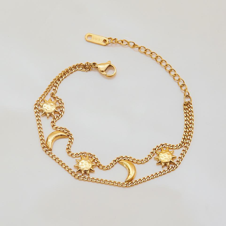 Bracelet Chaîne Femme Rétro Soleil Et Lune En Acier Inoxydable Étanche Couleur Or (1 Pièce) Image6