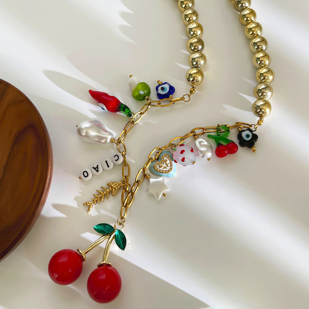 Collier Pendentif En Acier Inoxydable Doré, Couleur Cerise, 1 Pièce h5Image5