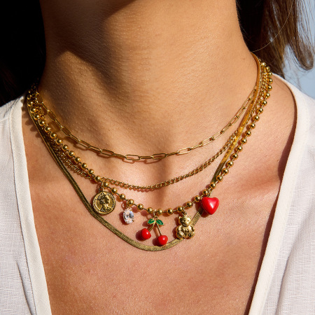 Collier Pendentif Femme En Acier Inoxydable, Couleur Or, Orné D'Un Cerisier Naturel (1 Pièce)