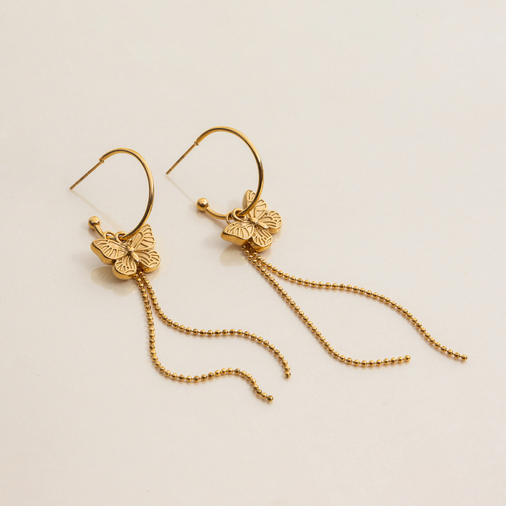 Boucles D'Oreilles Pendantes Pour Femme, Collection Romantique, Avec Pompons Papillon, En Acier Inoxydable Étanche, Couleur Or. Image5