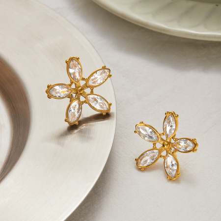 Boucles d'oreilles puces pour femme, collection romantique, motif floral, en acier inoxydable étanche, couleur or (1 paire). 2