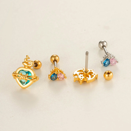 Boucles d'oreilles piercing pour femme en forme de cœur polychrome, couleur cuivre et or, zircone 2