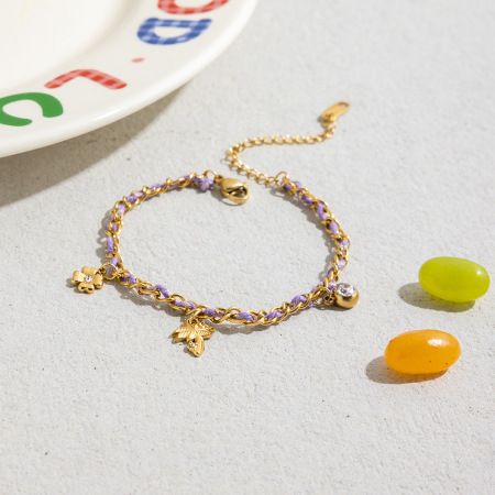 Bracelet tressé pour femme, couleur or, en acier inoxydable, imperméable, motif palmier de coco violet (1 pièce). 2